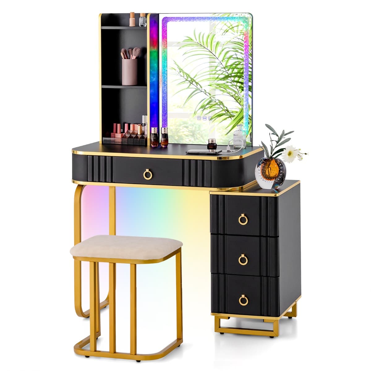 Ensemble de Coiffeuse avec Miroir Lumières et 4 Tiroirs 7 Lumières LED RVB Dynamiques et 7 Statiques