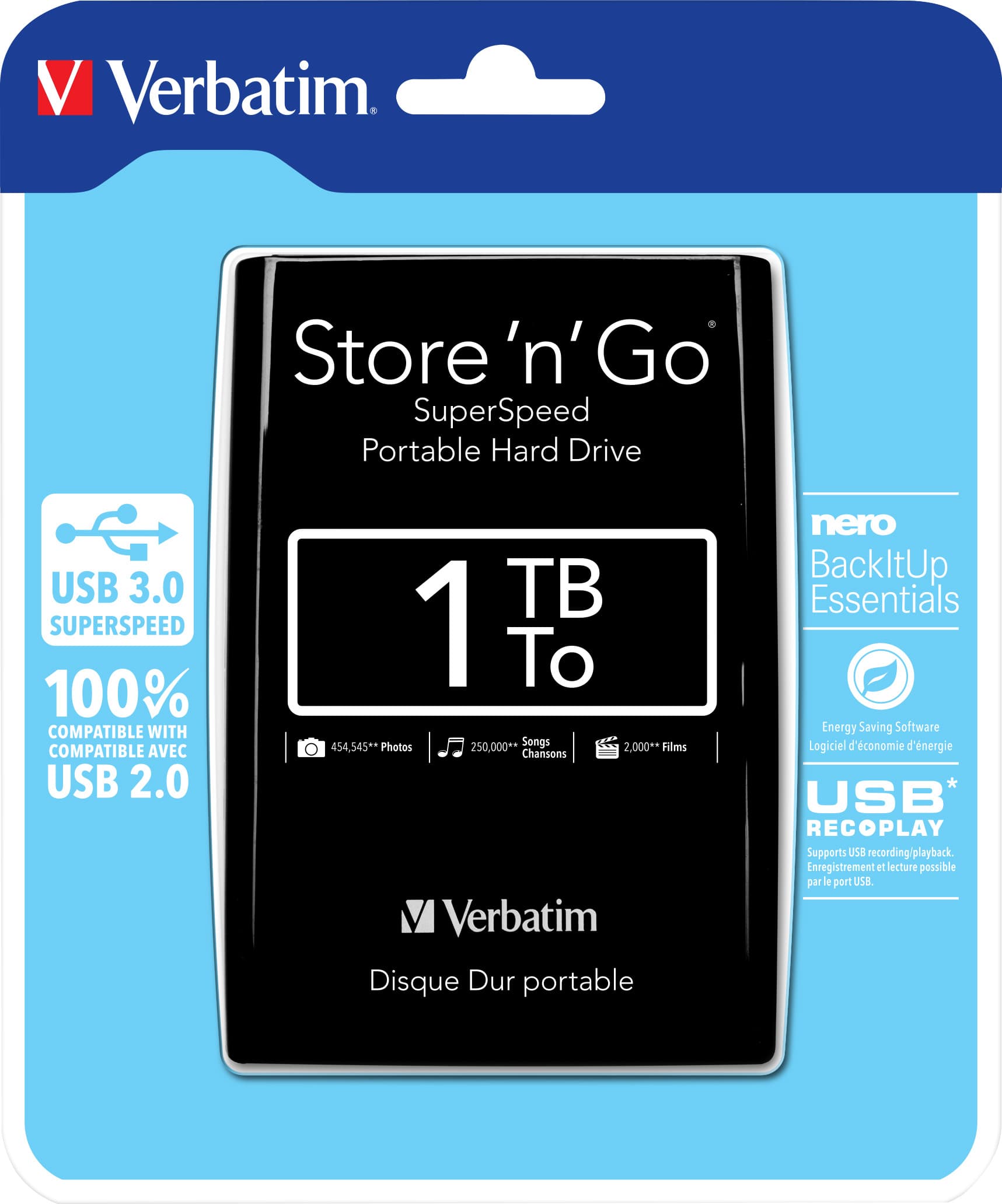 Disque dur Verbatim 1 To, USB 3.0, 6,35 cm (2,5''), noir Store'n'Go, Portable, Logiciel Nero Backup, Retail