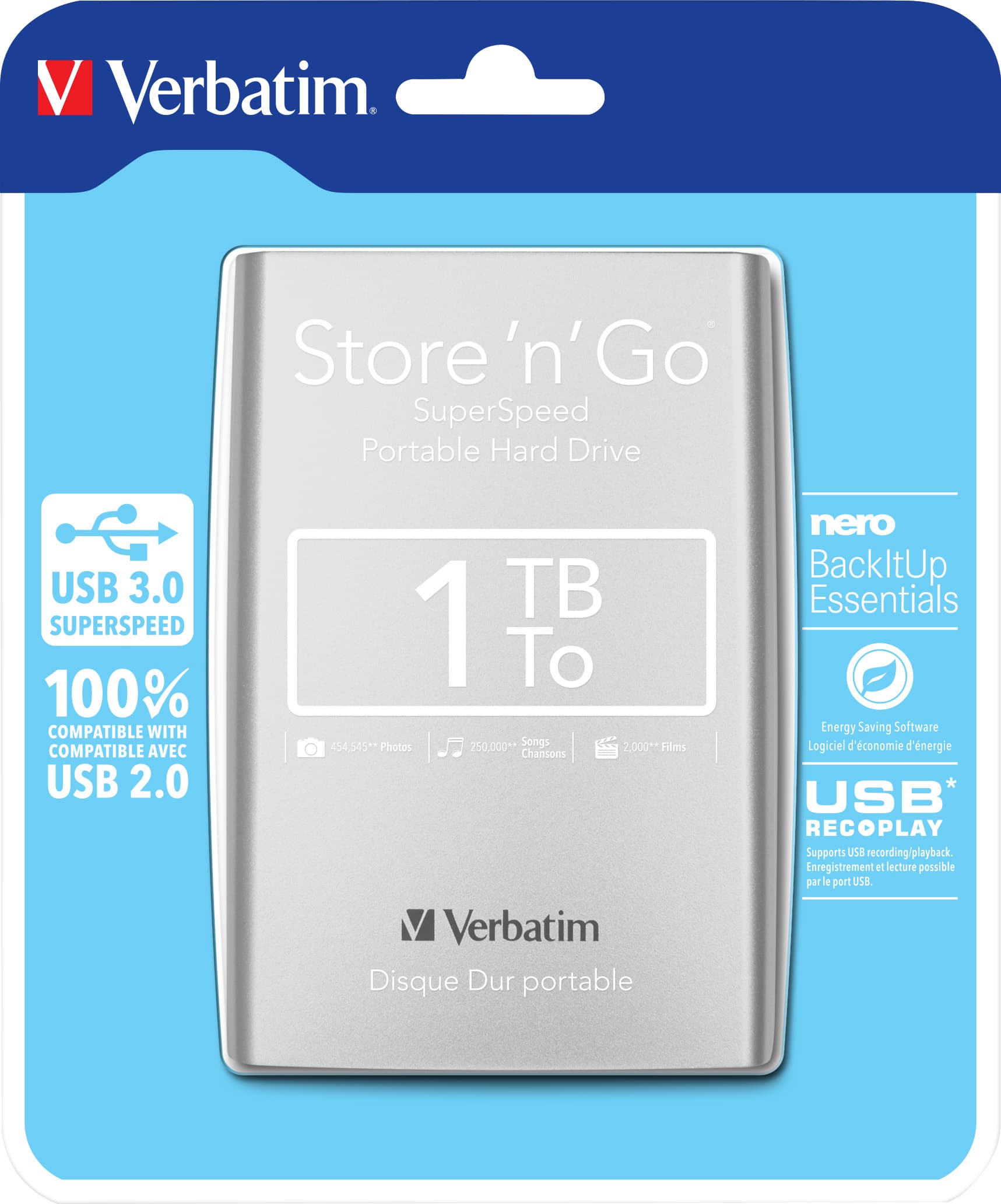 Disque dur Verbatim 1 To, USB 3.0, 6,35 cm (2,5''), argent Store'n'Go, portable, logiciel Nero Backup, vente au détail