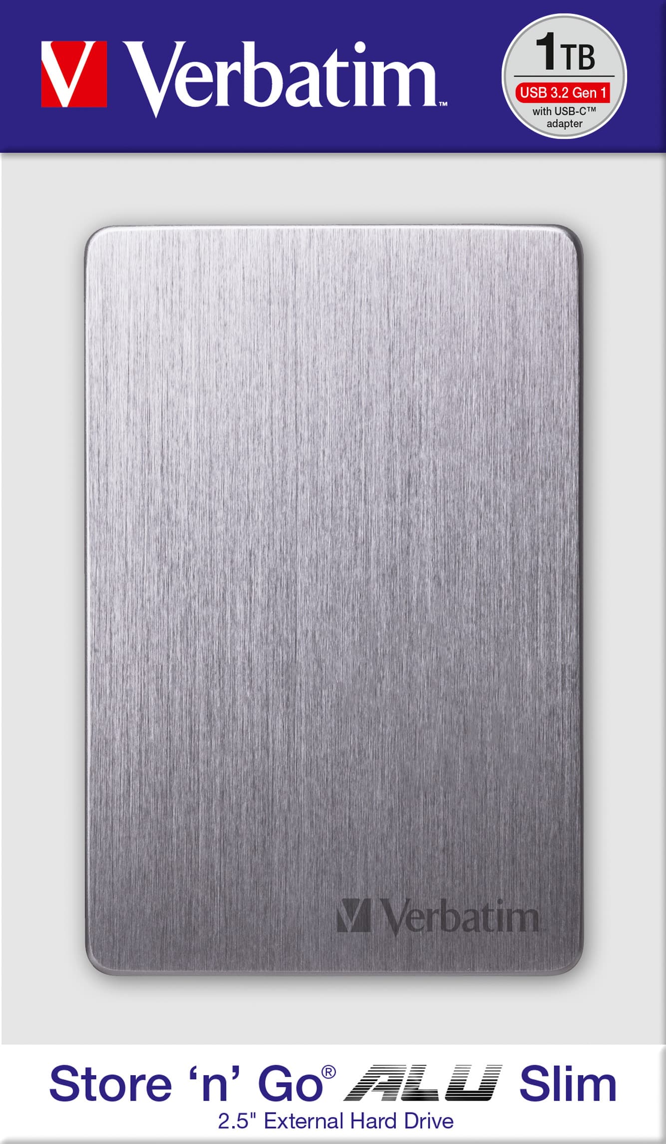 Disque dur Verbatim 1 To USB 3.2, AC, 6,35 cm (2,5''), gris Store'n'Go, Alu Slim, logiciel Nero Backup, vente au détail