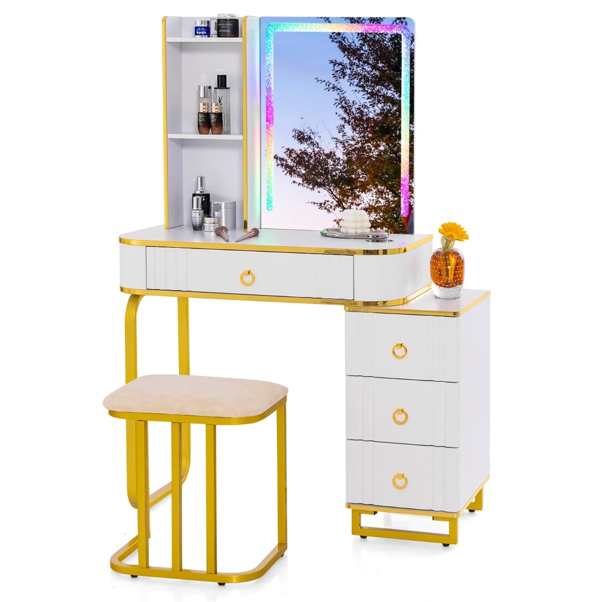 Ensemble de Coiffeuse avec Miroir Lumières et 4 Tiroirs 7 Lumières LED RVB Dynamiques et 7 Statiques